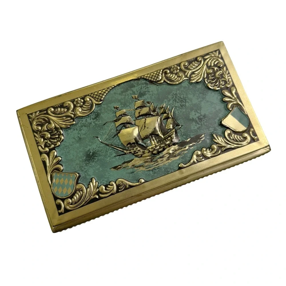 Vintage Bering Galleon Chest Cigar Tin Box Western Germany Nautical Ship Graphic